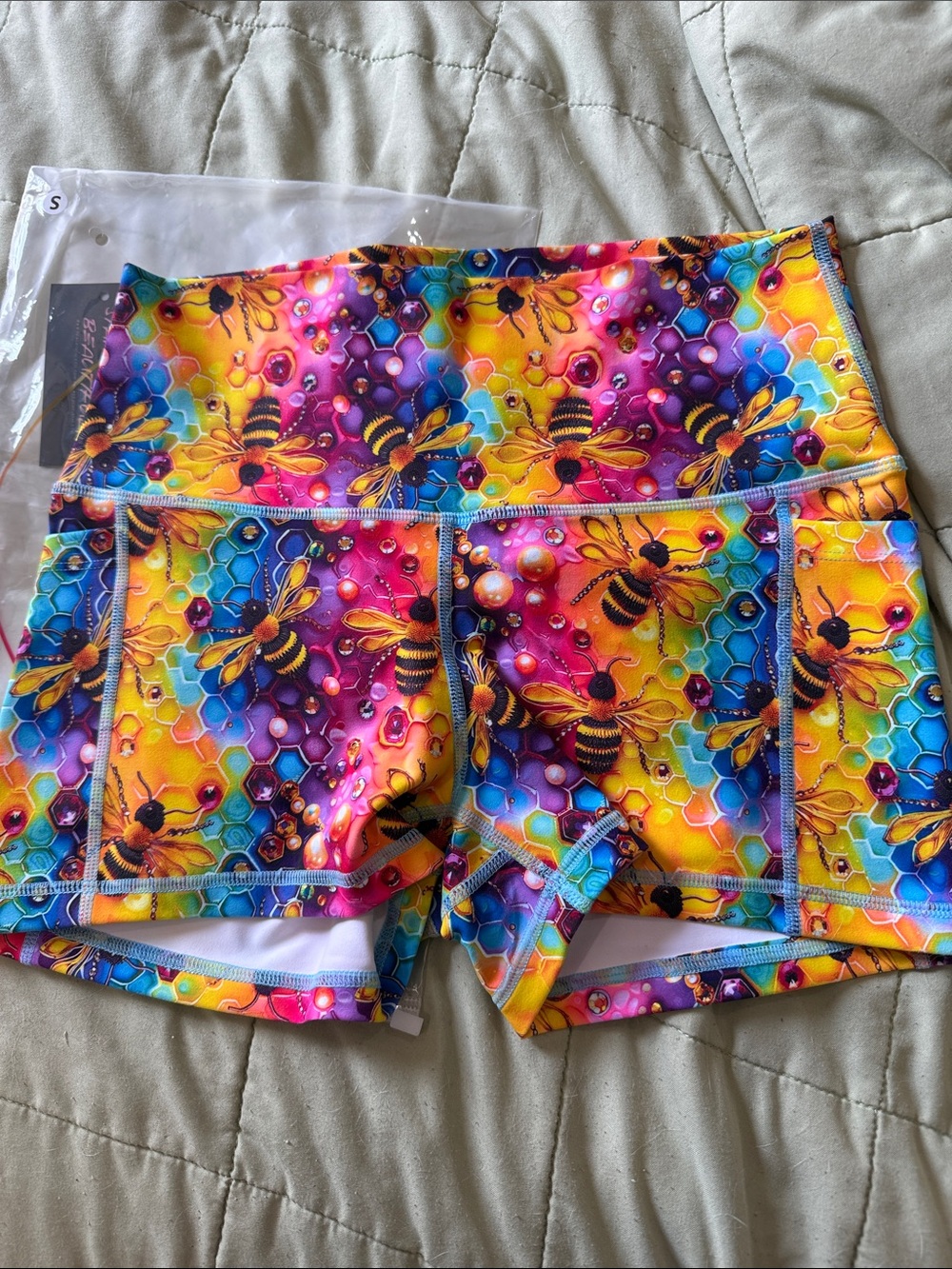 High-Waist Bee Print Athletic Shorts - Yellow Multi